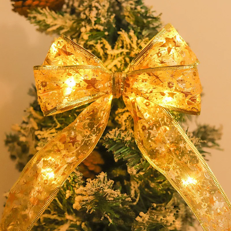 คริสต์มาสริบบิ้นแสงริบบิ้นผูกตกแต่งวันหยุดคริสต์มาส DIY ลูกไม้ Bows คริสต์มาส Bows ริบบิ้นทอง Warmwhite LED LIGHT