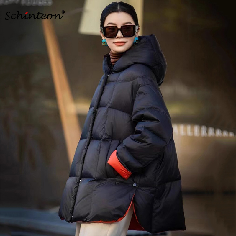 Schinteon Damen-Daunenjacke, lässig, locker, Übergröße, warm, Herbst-Winter, Oberbekleidung, weiße Entendaunen mit Kapuze, modischer Mantel, 2024, Neu