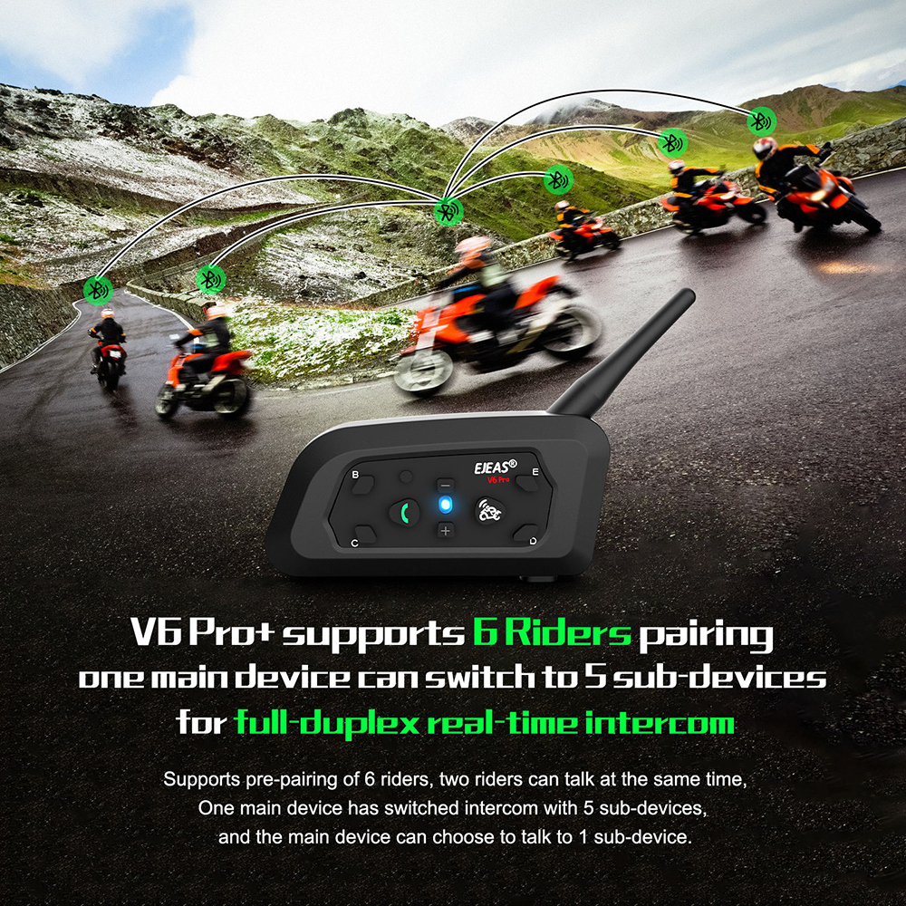 EJEAS V6 PRO +/PLUS Capacete de motocicleta Bluetooth Walkie Talkie 6 Rider Distância 800 metros à prova d'água IP67