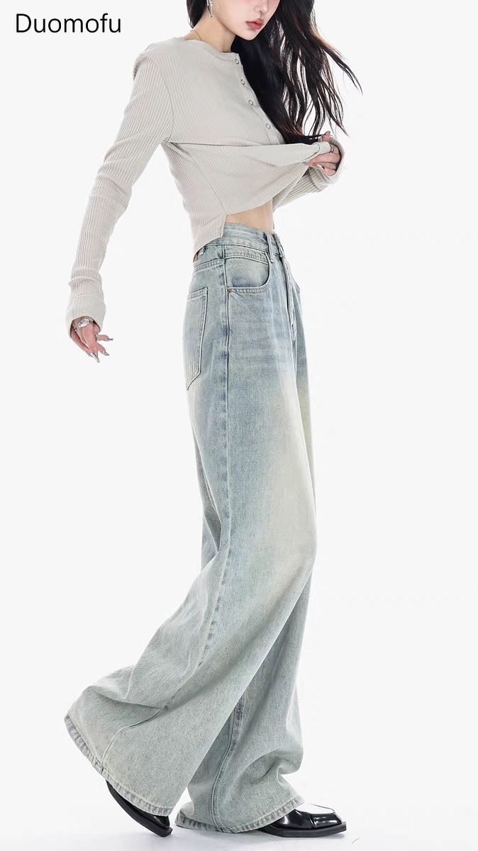 Duomofu-pantalones vaqueros holgados para mujer, Jeans rectos de longitud completa, color azul claro, Vintage, clásico, botón Simple, moda informal, otoño