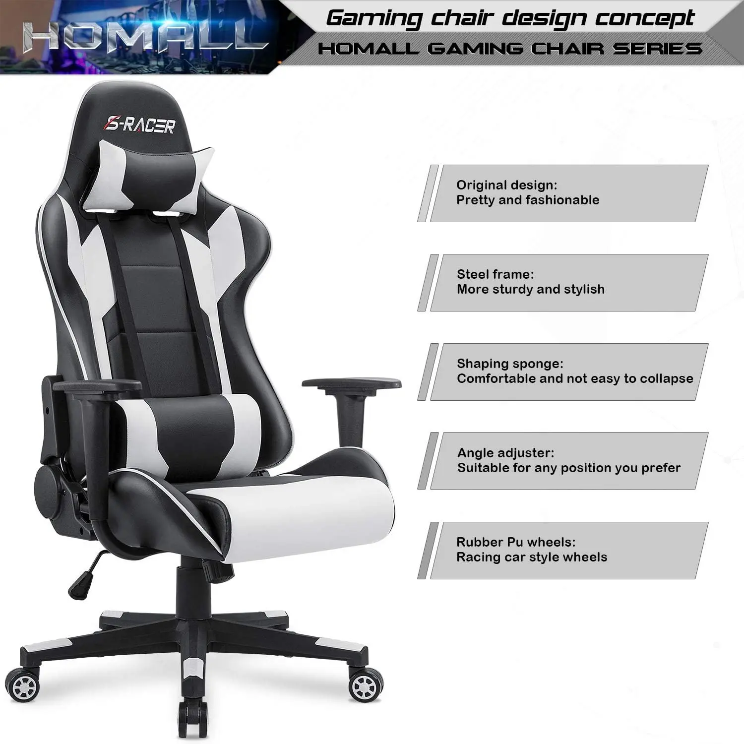 Gaming Chair, Office Chair High Back Computer Leather Desk Chair Racing Executive Ergonomic Adjustable Swivel Task