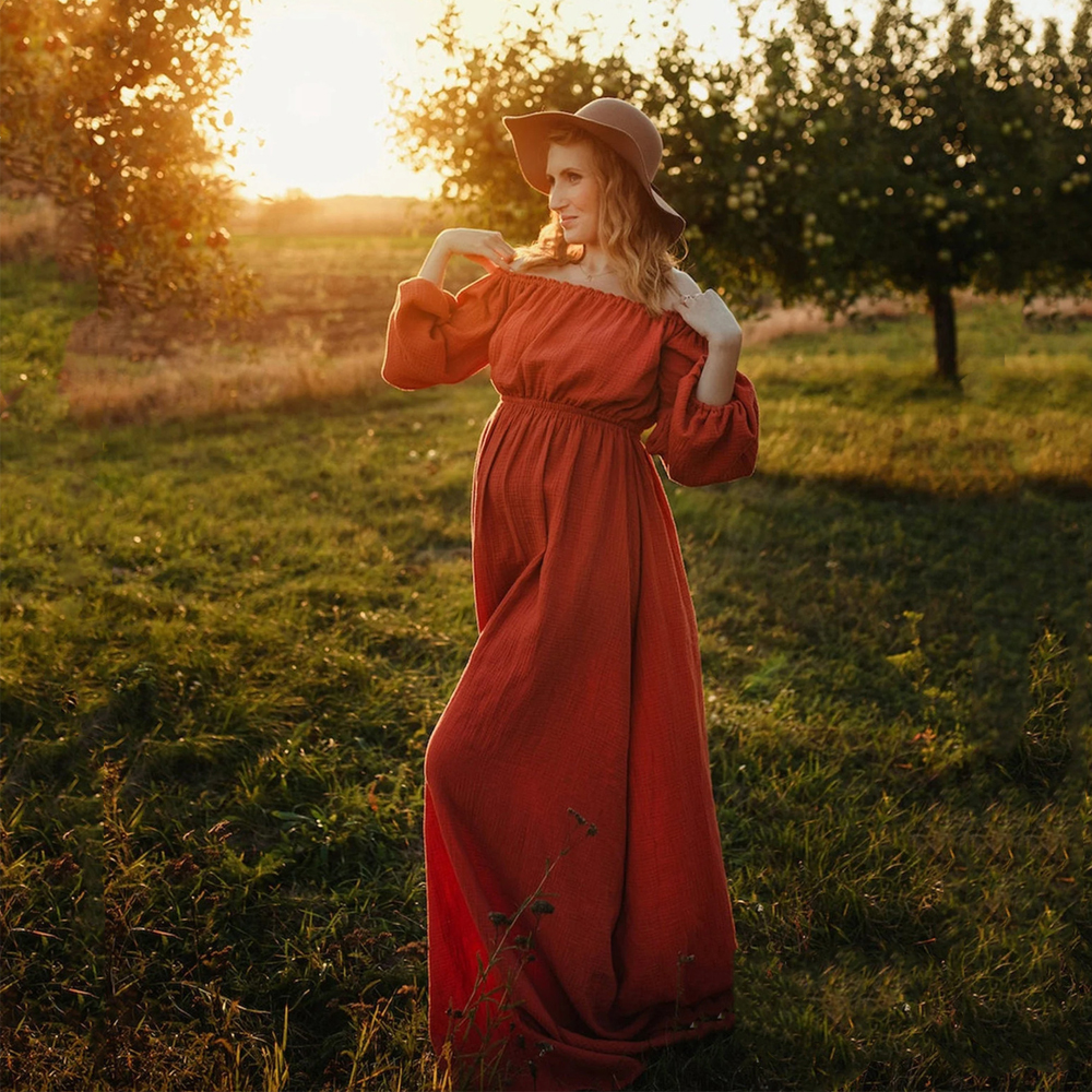 Robe de photographie de maternité, robe bohème confortable, Style Boho, robe de réception-cadeau pour bébé, lin et coton, asymétrique épaule dénudée pour femmes enceintes