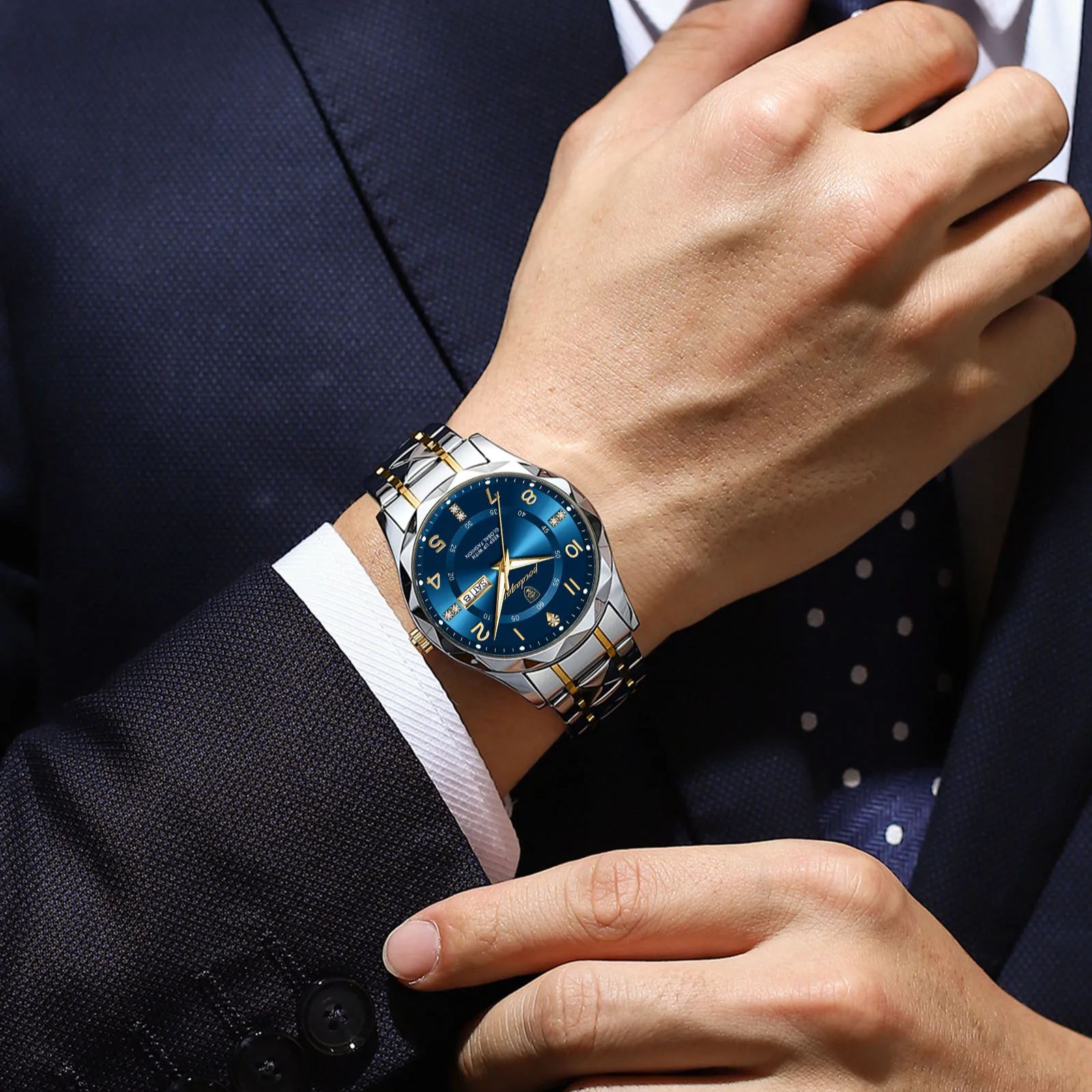 POEDAGAR Reloj de cuarzo de lujo para hombre, Reloj de pulsera luminoso resistente al agua con fecha y semana, relojes de acero inoxidable para hombre, Reloj deportivo