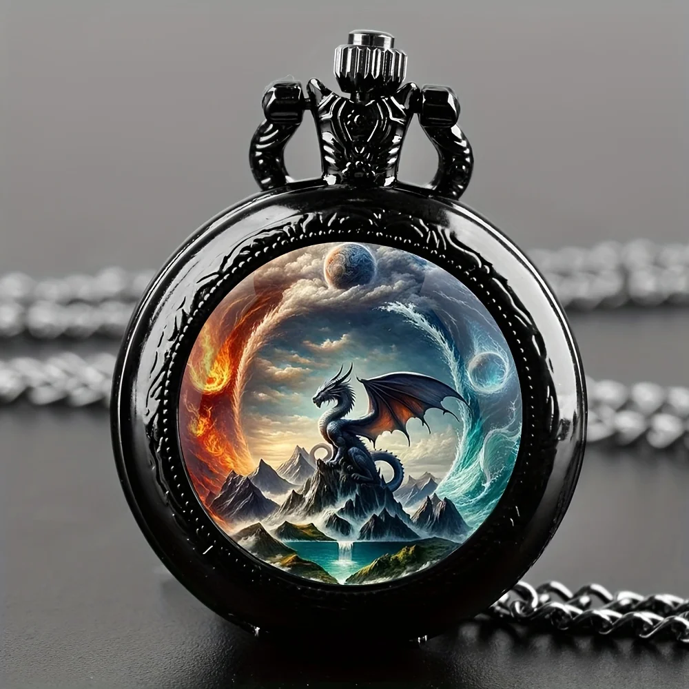 Antike, einzigartige, mehrfarbige Drachen-Tier-Design-Halsketten-Anhänger-Quarz-Taschenuhr, exquisite, stilvolle Uhr für Männer und Kinder