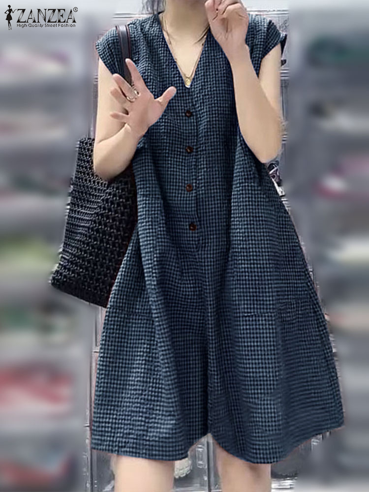 2023 ZANZEA Mode Vrouwen Wijde Pijpen Jumpsuits Zomer Plaid Geruite Overalls Broek Casual V-hals Mouwloos Werk Rompertjes Oversize