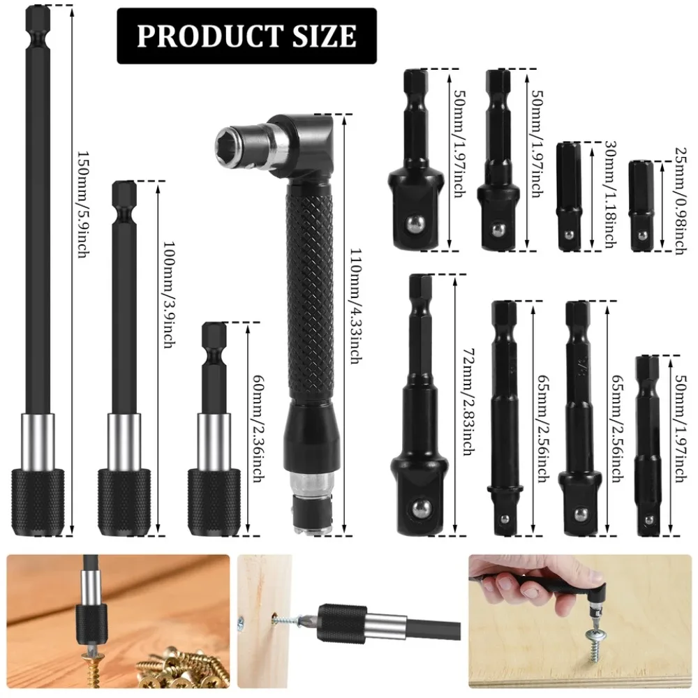 Juego de extensión de broca flexible, adaptador de enchufe giratorio, vástago hexagonal 105 °   Destornillador de taladro en ángulo recto 90 °   Kits de puntas en ángulo