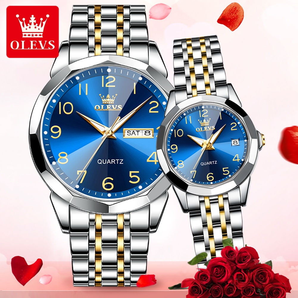 OLEVS นาฬิกาคู่สำหรับผู้ชายและผู้หญิง, นาฬิกาควอทซ์หรูหราใหม่9970หน้าปัดเป็นรูปตัวเลขกระจกรูปสี่เหลี่ยมขนมเปียกปูนนาฬิกาสแตนเลสนาฬิกาดั้งเดิม