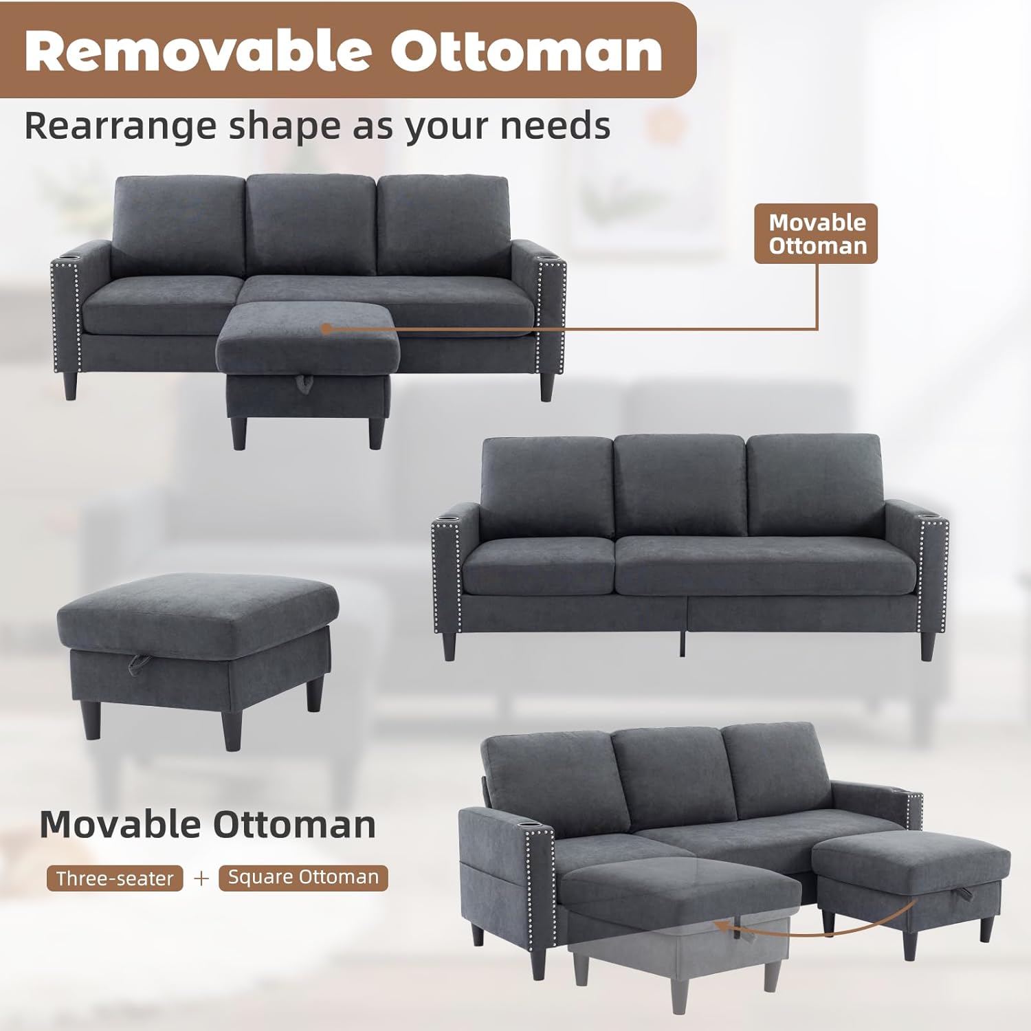 Convertible Sectional Couches for Living Room, L-Shaped Couch 3 Seats Sofas with Storage Chaise & 2 Cup Holders
