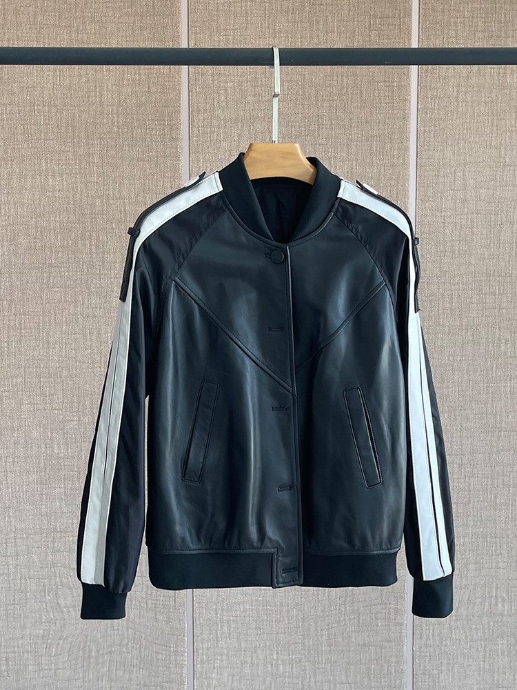 カジュアルシープスキンショートジャケット女性のブラックホワイトストライプレザーコート春秋 V ネック長袖通勤スタイル