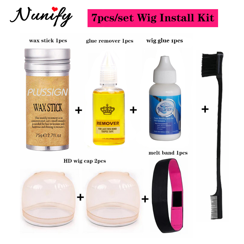 Kit de instalación de peluca, 7 unidades/juego, pegamento y removedor de peluca blanca para palo de cera para el cabello con encaje frontal, banda de fusión de encaje, cepillo para bordes, gorros de peluca HD