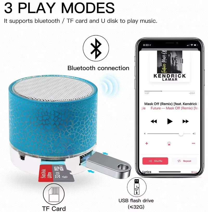 VIELLFON-Mini haut-parleur Bluetooth sans fil, coloré, LED, carte TF, USB, caisson de basses, portable, musique MP3, colonne sonore pour PC, téléphone