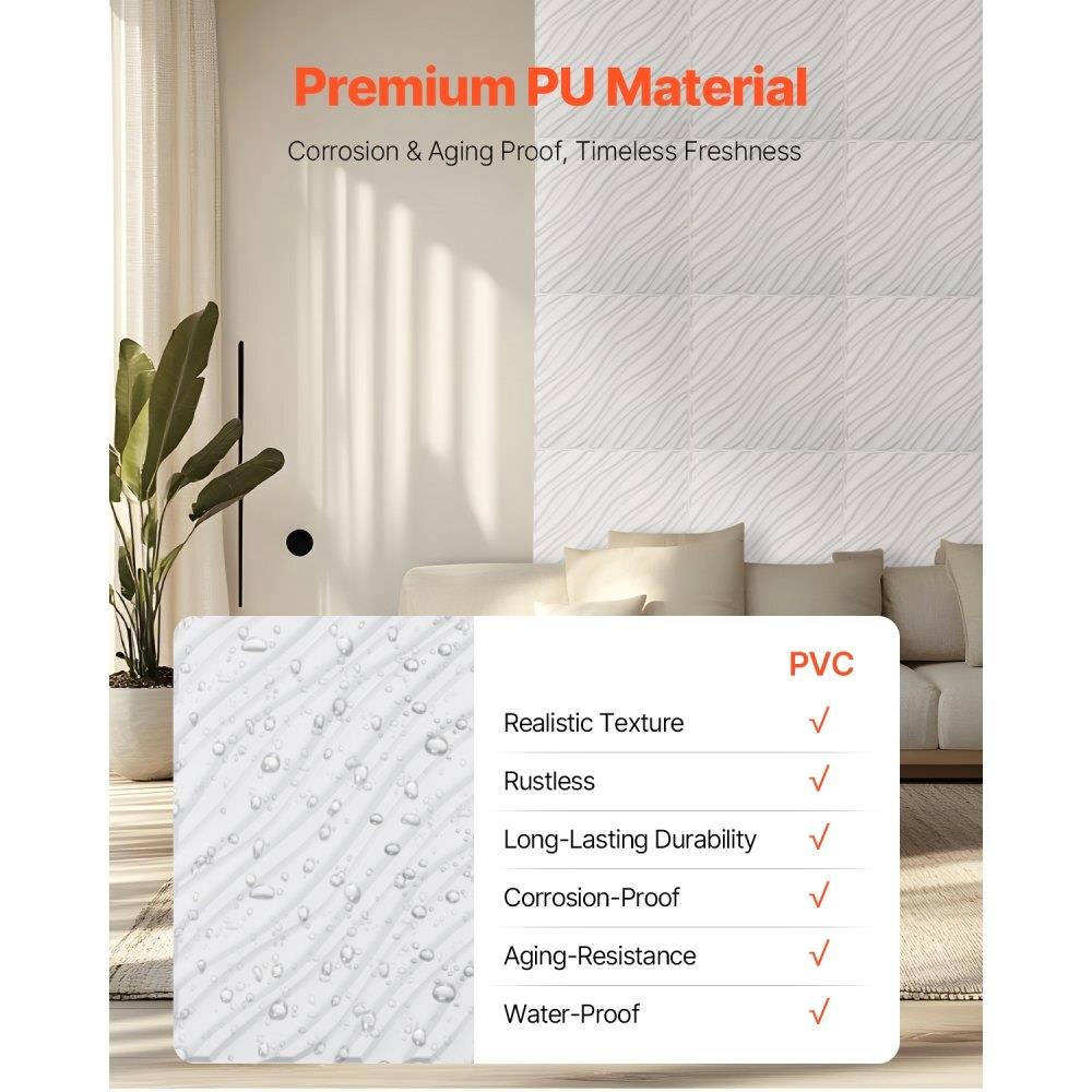 3D Wall Panels 12-Pack 19.7x19.7 inches PVC 32 Sq Ft Coverage Wave Matte White