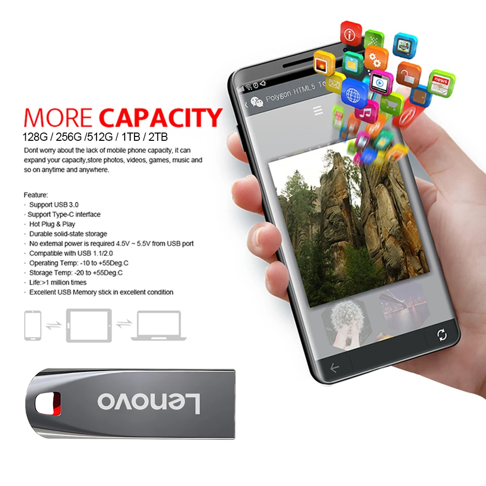 Lenovo 2TB USB Flash Drive 2 In 1 Lightning Pen Drive 1TB U Disk For Iphone Android OTG Pendrive usb Memory Stick For Ps4 Laptop