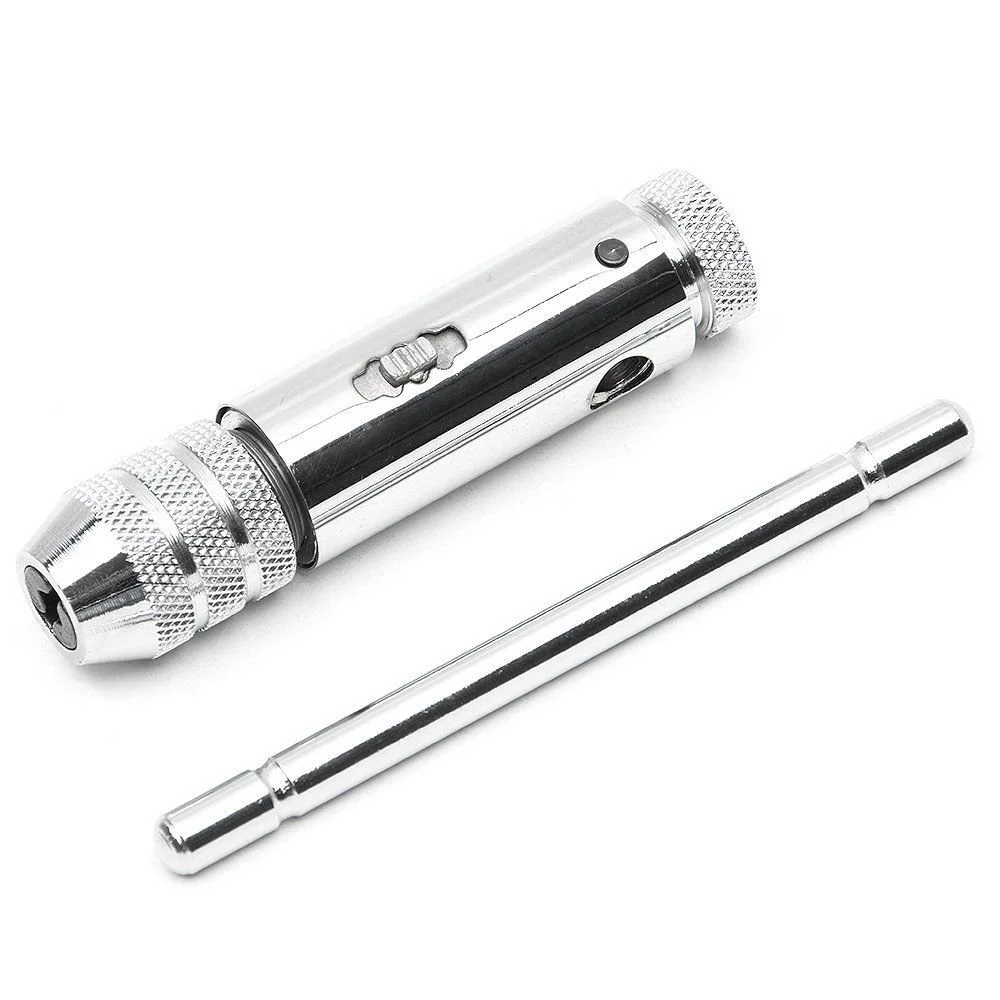 Adjustable Silver T-Handle Ratchet Tap Holder Wrench with 5pcs M3-M8 3mm-8mm Machine Screw Thread Metric Plug T-shaped Tap