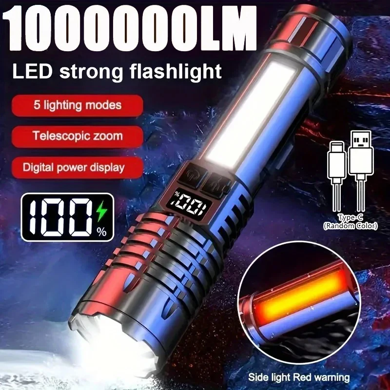 Lampe de poche LED haute puissance, puissante lampe de poche COB Rechargeable TYPE-C avec torche latérale pour Camping en plein air et randonnée