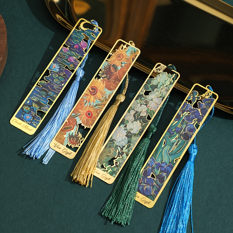 Vintage Oil Painting Metal Bookmarks - Hollow Hot Stamping Long Tassel Elegant Bookmarks - Stationery Gifts for Book Clubs, Book