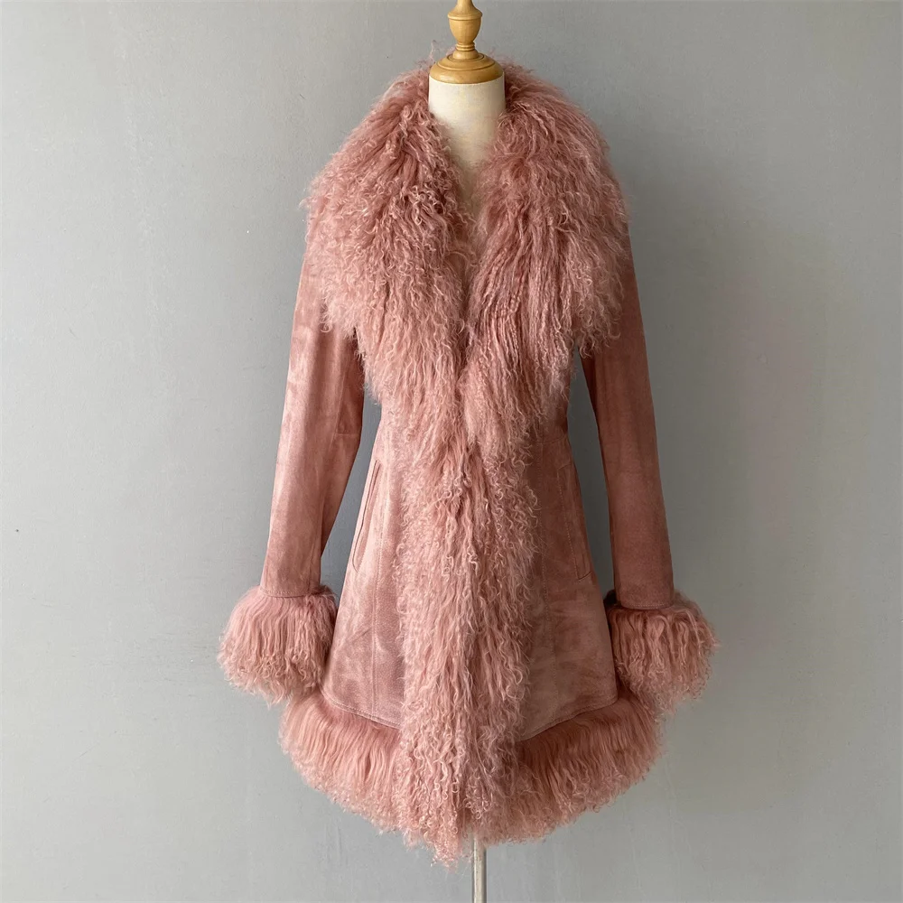 Jaxmonoy manteau en daim véritable avec fourrure de mouton mongole naturelle pour les femmes 2025 automne hiver veste en cuir chaud mode mince longs manteaux