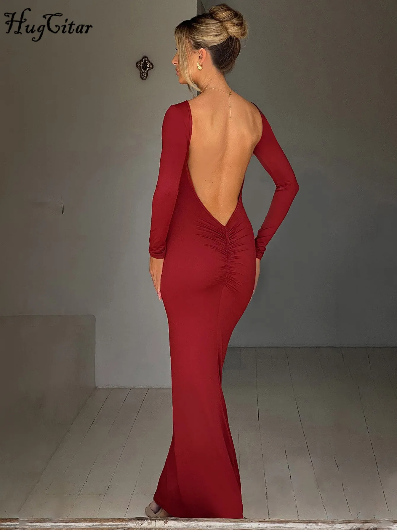 Hugcitarฤดูใบไม้ผลิElegantแขนยาวBackless Cuchedเซ็กซี่Bodycon Maxiชุดราตรีผู้หญิงชุดราตรีเทศกาลY2K