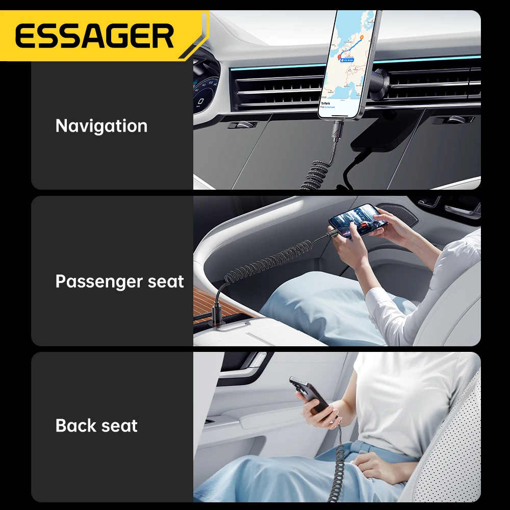 Essager 車載用スプリング式Type Cケーブル iPhone 16 15 14 Xiaomi Samsung対応 100W PD急速充電 Macbook iPad用 Type C to Type C ケーブル