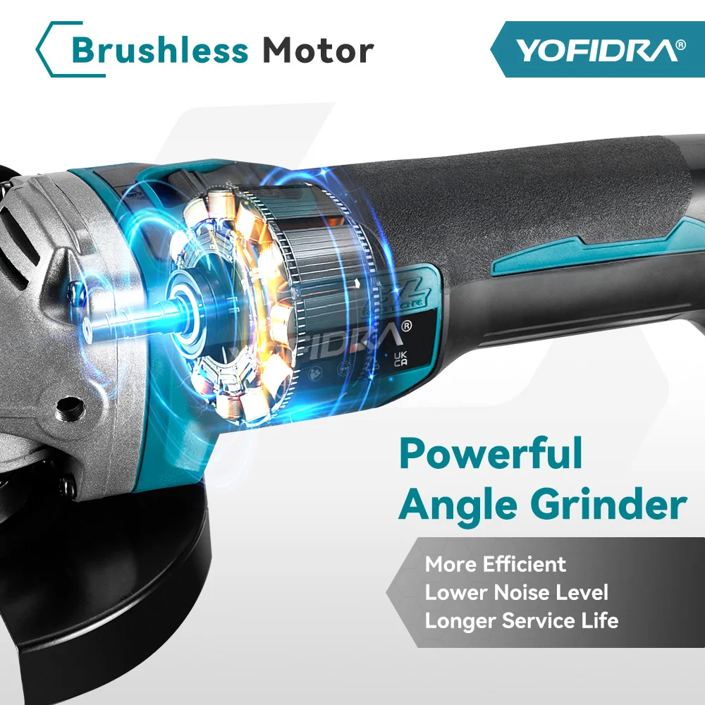Yofidra 125mm Brushless Angle Grinder 4 Gears Cordless Grinding Machine Cutting Woodworking For Makita 18V-21V Battery Pin