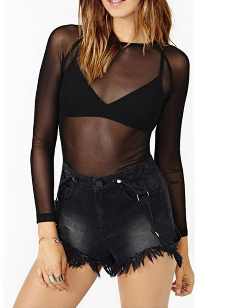 春夏レディース長袖セクシーな黒メッシュトップブラウス透明パンククラブシャツ Tシャツビーチトップス