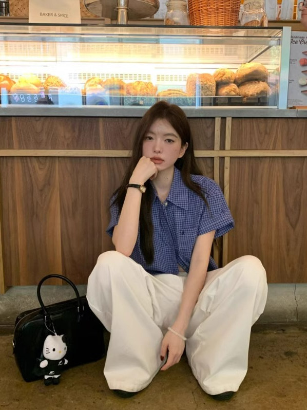 Csa Casual Azul de Manga Curta para Mulheres, Estilo Retro Americano, Nova Csa com Botões em Fibra de Poliéster