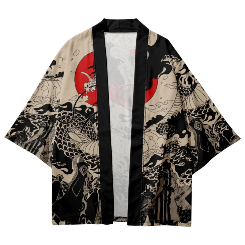 Asiático tradicional estilo japonês dragão e sol impressão haori cardigan e cordão calças compridas conjunto samurai cosplay outfit unisex