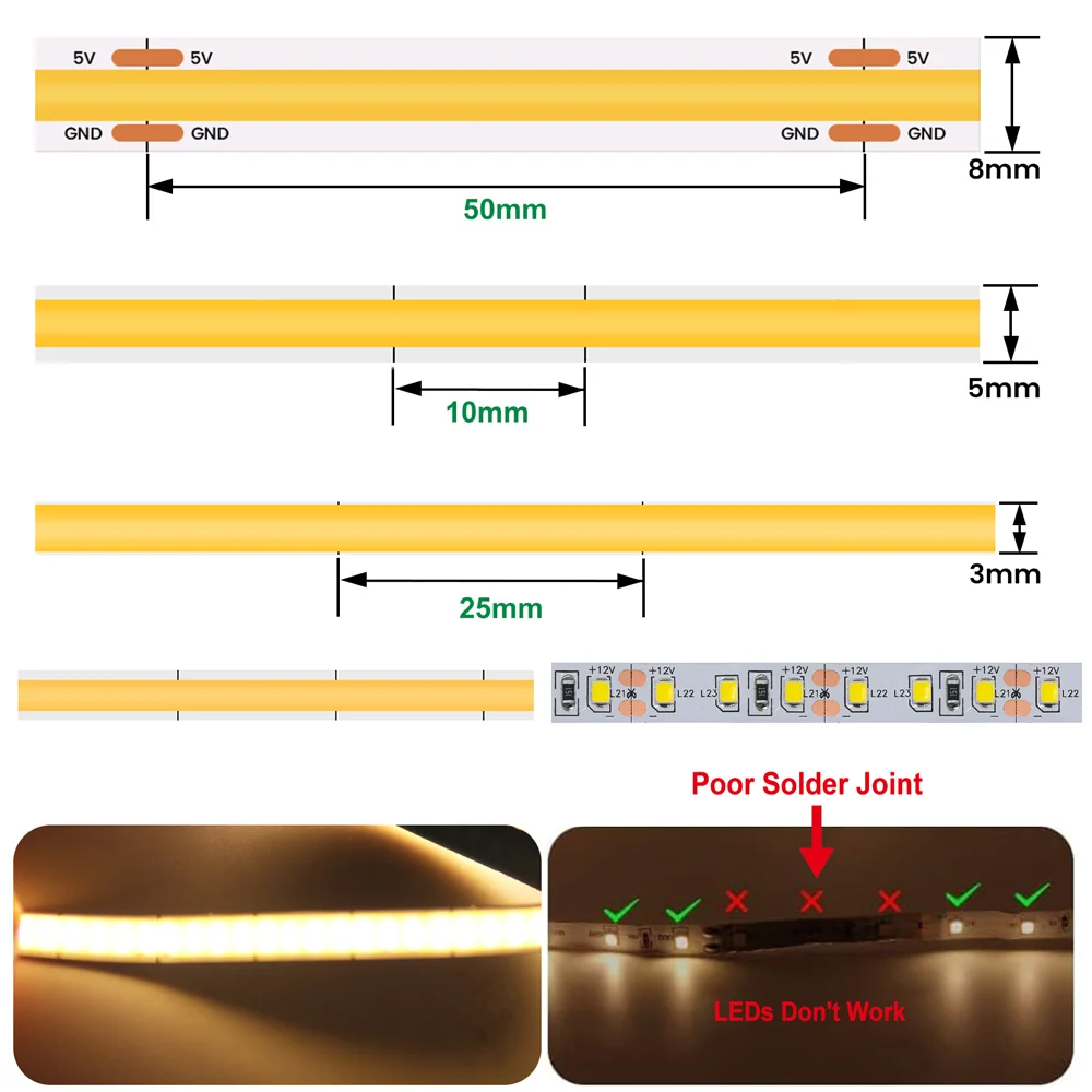 5 V COB-LED-Streifen, 3 mm, 5 mm, 8 mm Breite, 320 LEDs/m, hochdichtes COB-LED-Band, AA-batteriebetriebene lineare Beleuchtung, Weiß, Rot, Grün, Blau