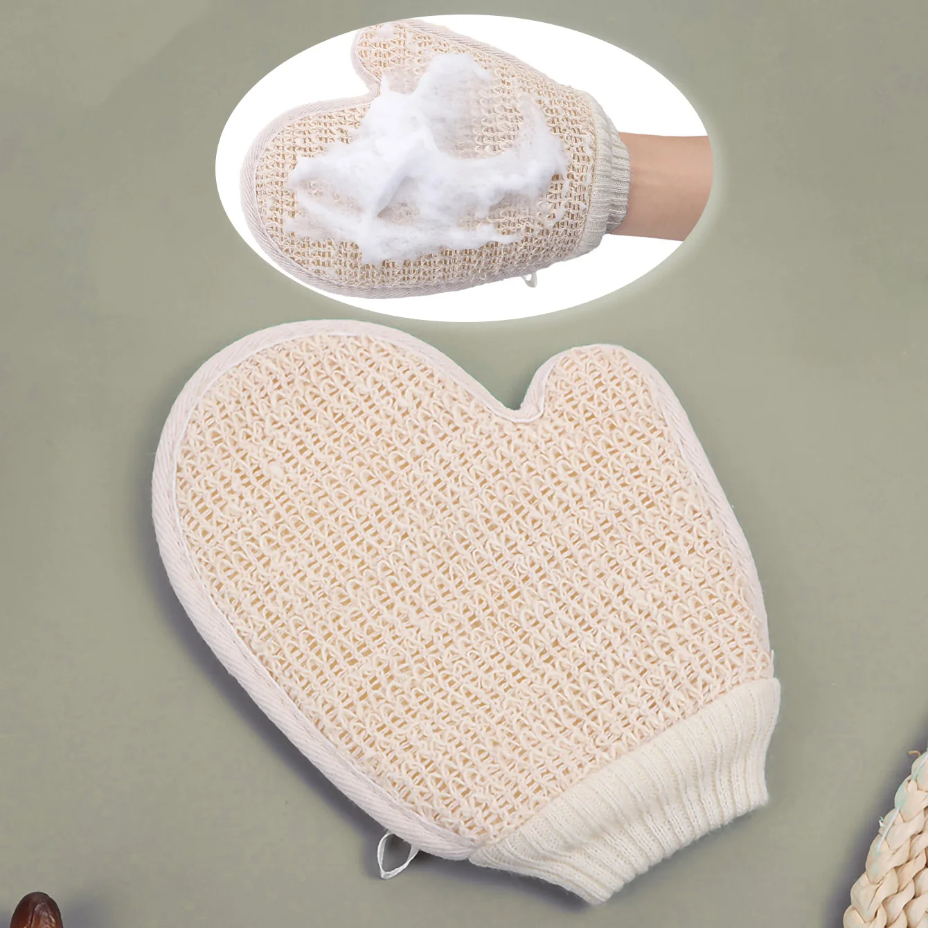 2-in-1 bodyscrub douchehandschoen, 1-delig natuurlijk katoenlinnen zachte exfoliërende scrubber met mesh-textuur voor thuisspa