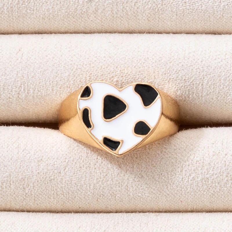 Docona Cincin Pasangan Hati Romantis untuk Wanita Geometri Tidak Beraturan Minyak Tetes Hitam dan Putih Perhiasan Pernikahan Modis Wanita