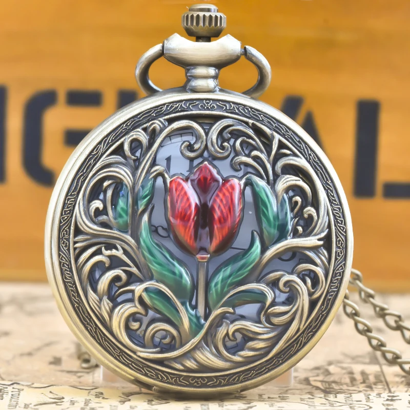 Retro Bronze Steampunk Blumenschnitzerei Flip-Top männliche und weibliche Studentin Geschenk Quarz Halskette Gedenktaschenuhr
