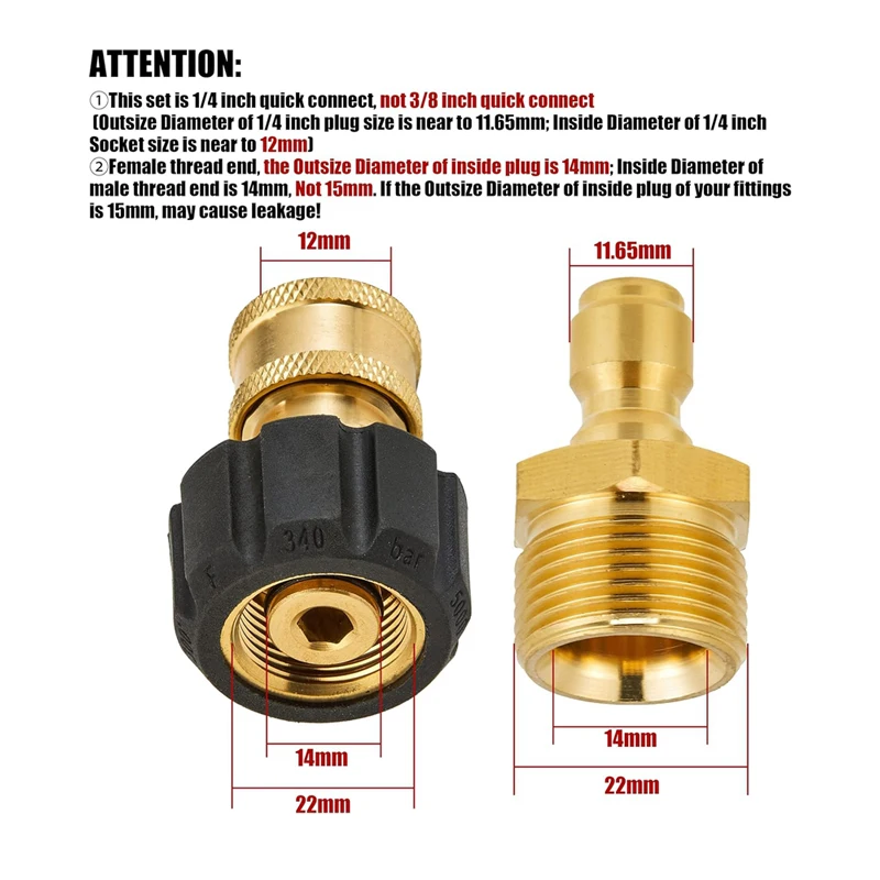 เครื่องซักผ้าความดัน Quick Connect Adapter ชุด M22 14 มม./15 มม.ถึง 1/4 Quick Release สําหรับท่อแรงดันสูงและน้ําปืนอุปกรณ์เสริม