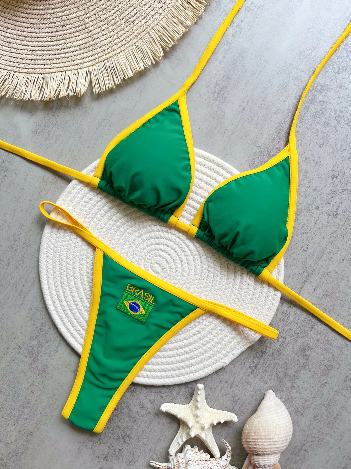 RUOTONSEPT Sexy broderie drapeau du brésil contraste fendu Bikini ensemble femmes maillots de bain Patchwork maillot de bain Hottie tenue SummerBeachwear
