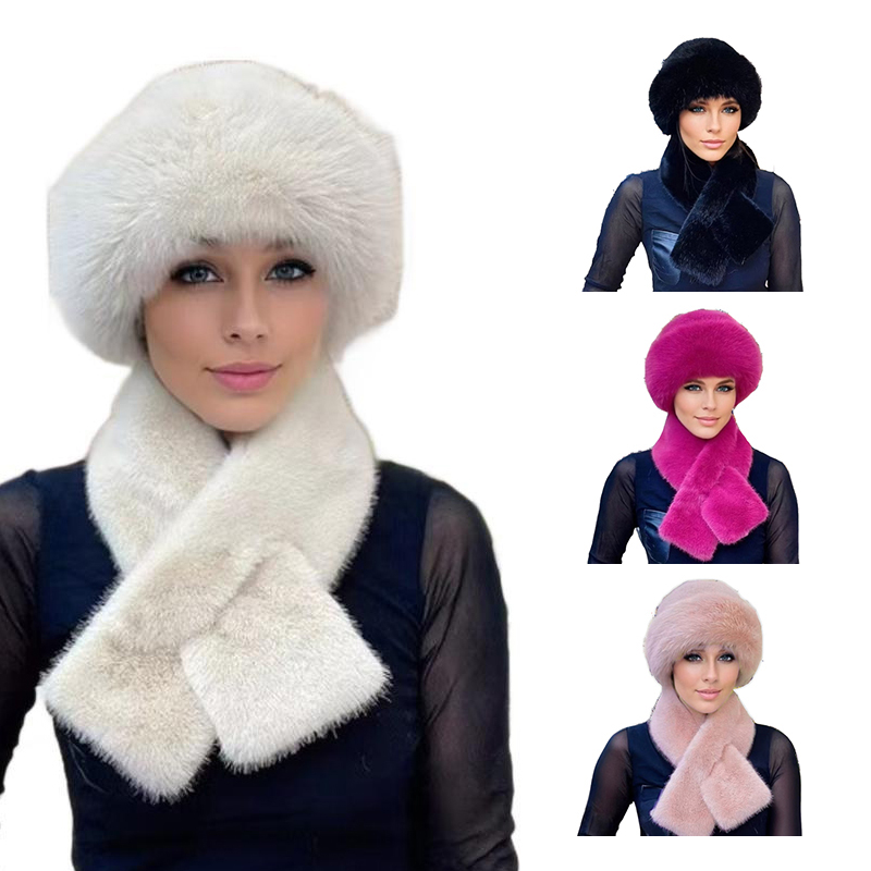2 unids/set de gorro y bufanda de invierno para mujer, conjunto de felpa peluda gruesa a prueba de viento, retención de calor, envoltura cruzada para el cuello, cúpula de Color sólido, piel sintética Fi