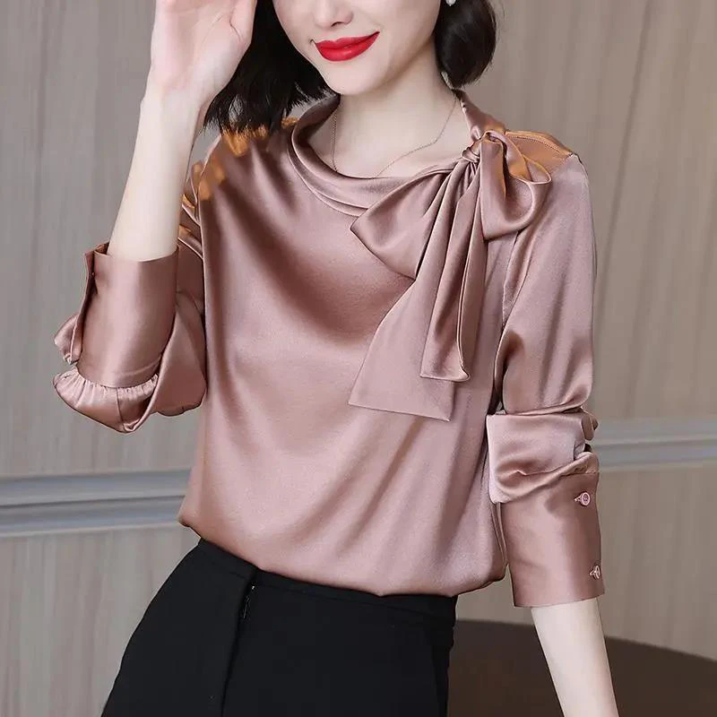 ฤดูร้อนฤดูใบไม้ร่วง Office Lady ซาติน Elegant แฟชั่นโบว์เสื้อผู้หญิงแขนยาว Bottoming Blusa All-Match เสื้อ