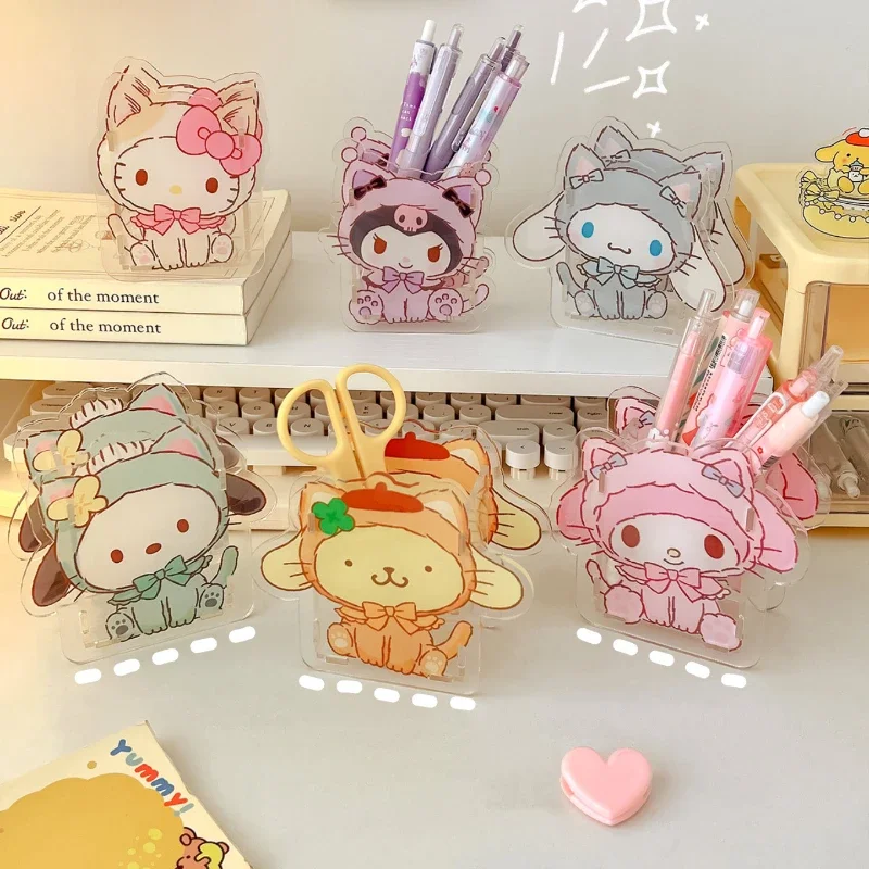 Simpatico portapenne in acrilico Sanrio, trasparente, multifunzionale, per desktop, per bambini, scatola portaoggetti per cancelleria di grande capacità