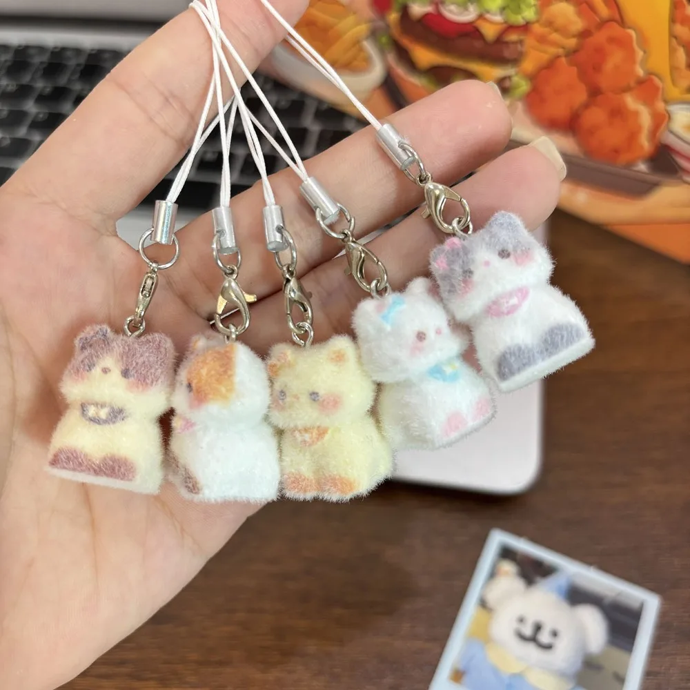 Flocking Animal Dog Cat Pendant Cute Keychain Keyring Bag Earphone Car Keychain Decor Keychains Accessories Phone Chain Lanyard