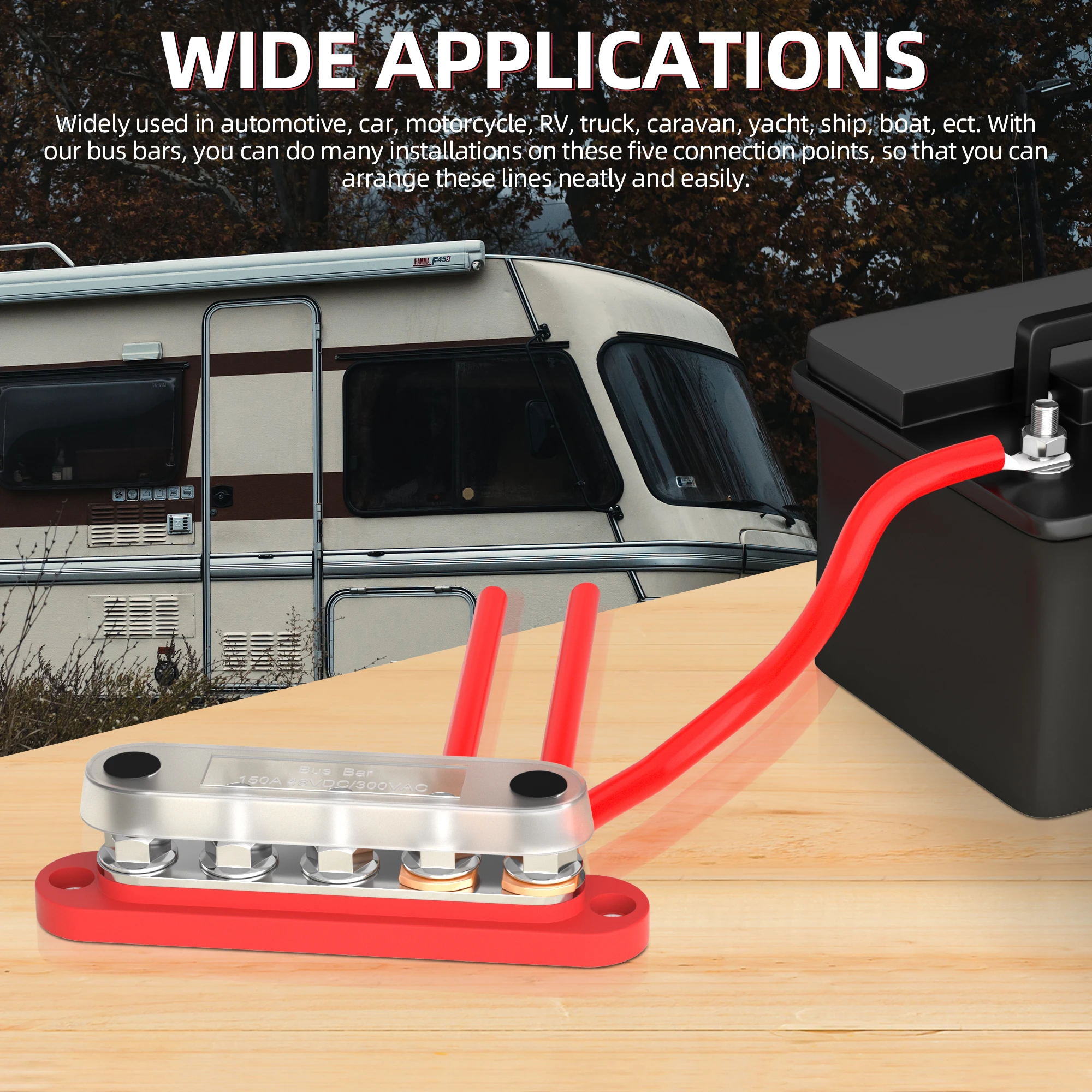 DaierTek Bus Bar 12V Bloco de distribuição de energia com tampa 5 x 1/4" Studs Terminal Block Max 150A 48VDC Positivo Negativo para Auto
