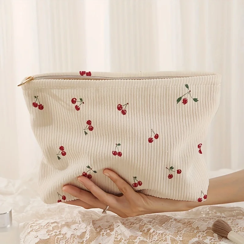 Bolsa de maquillaje de pana con estampado de cereza a la moda, caja de almacenamiento de maquillaje ligera con cremallera de gran capacidad, bolsa multifuncional con forro