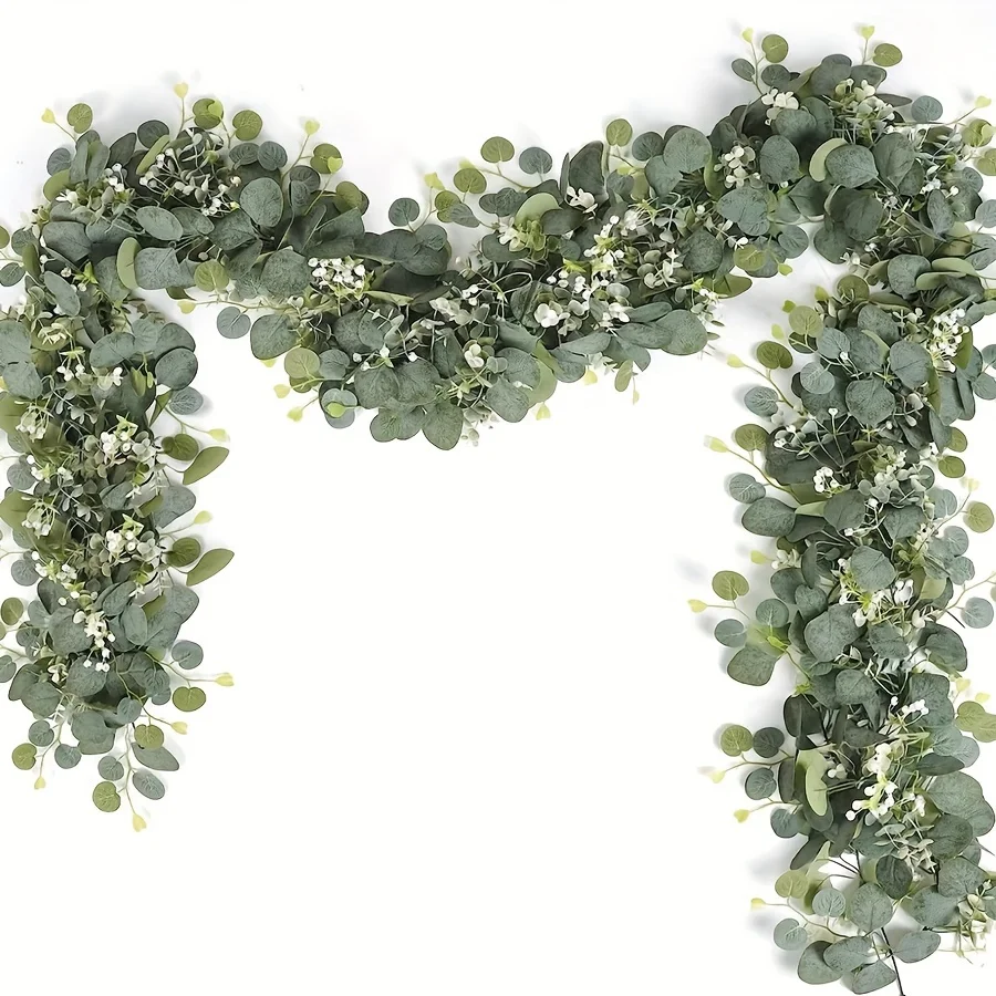 Lush 70.8" Faux Eucalyptus Garland With White Flowers - Perfect For Home & Holiday Decor, Wall Hanging, Yard, And Party Accents