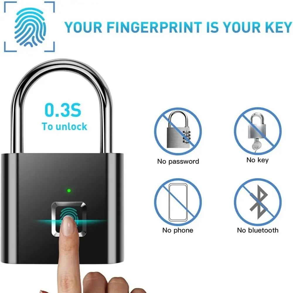 Keyless Smart USB Opladen Vingerafdrukslot Slim hangslot Waterdicht deurslot 0,3 sec Ontgrendel draagbaar antidiefstalhangslot Zink