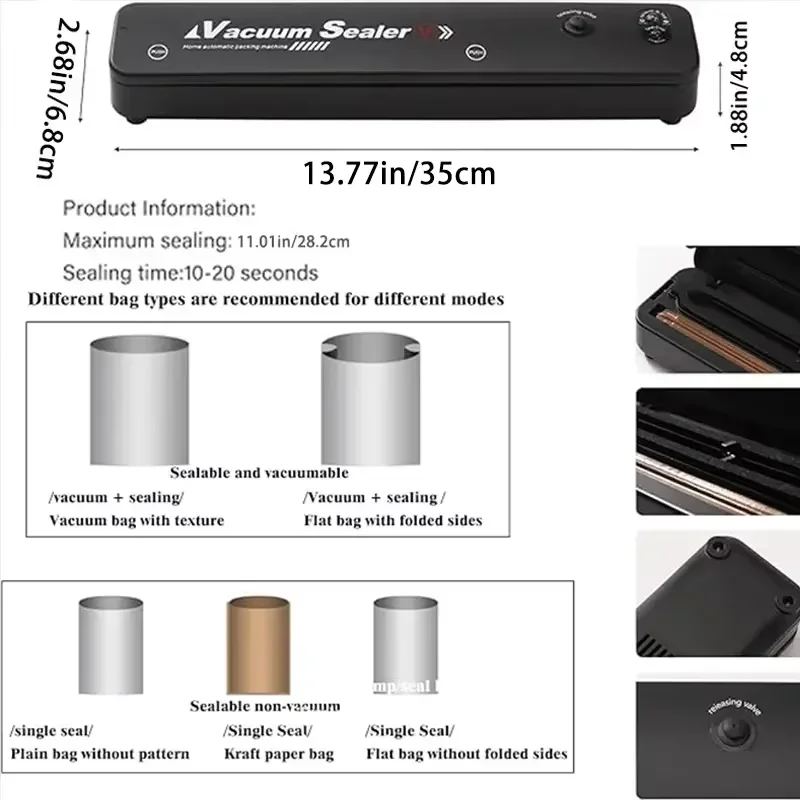220 V/110 V ไฟฟ้าสูญญากาศเครื่องบรรจุภัณฑ์, พร้อมถุงสูญญากาศ link อาหารในครัวเรือนสดสีดําเครื่องซีลสูญญากาศใหม่