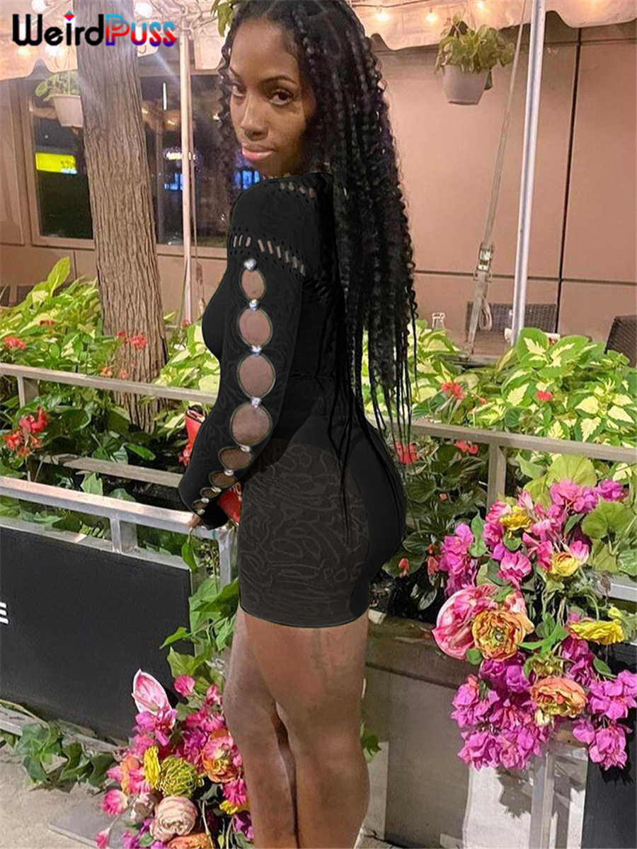 Mulheres Sexy Ver Através do Romper, Strass Oco, Manga Comprida, Magro, Irregular, Fora Do Ombro, Playsuits Corpo-Shaping, Gato Estranho