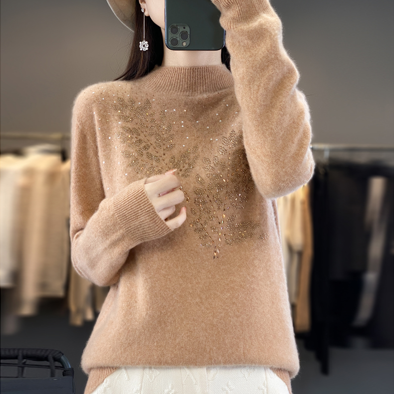 Suéter grueso de lana pura para mujer, jersey con cuello medio alto y tachuelas de hojas con diamantes, Top básico de punto para mujer, Otoño e Invierno
