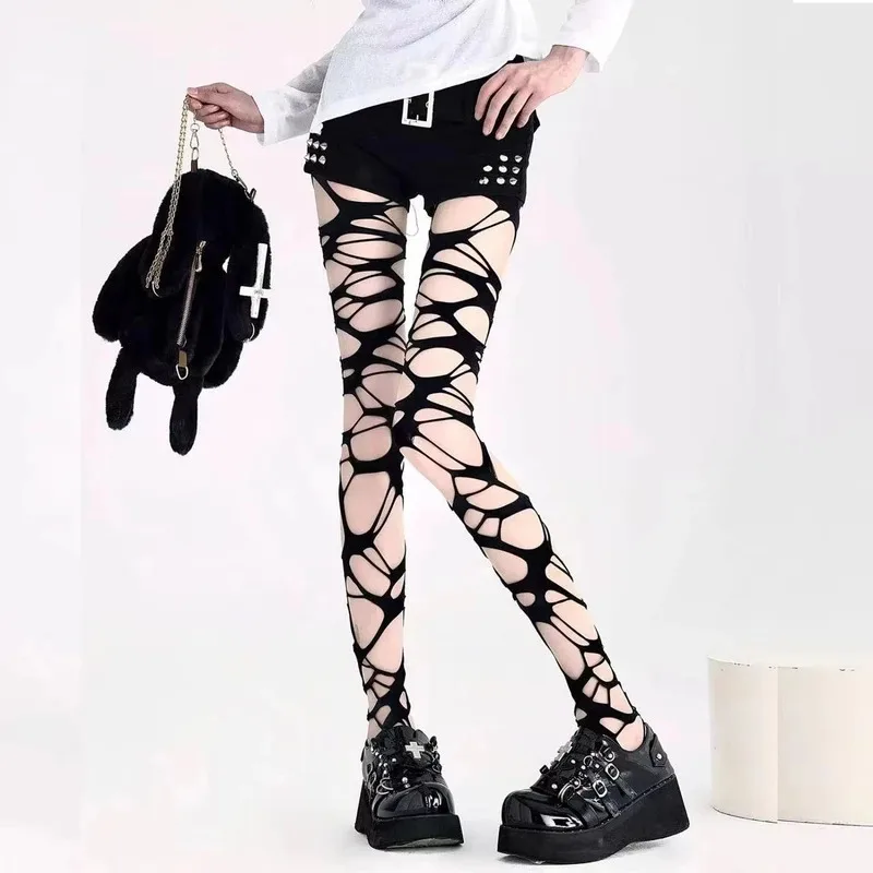 Seksowne czarne pończochy kabaretki z dziurami, damskie gotyckie punkowe rajstopy z siateczki, legginsy w stylu emo, streetwear dla egirl