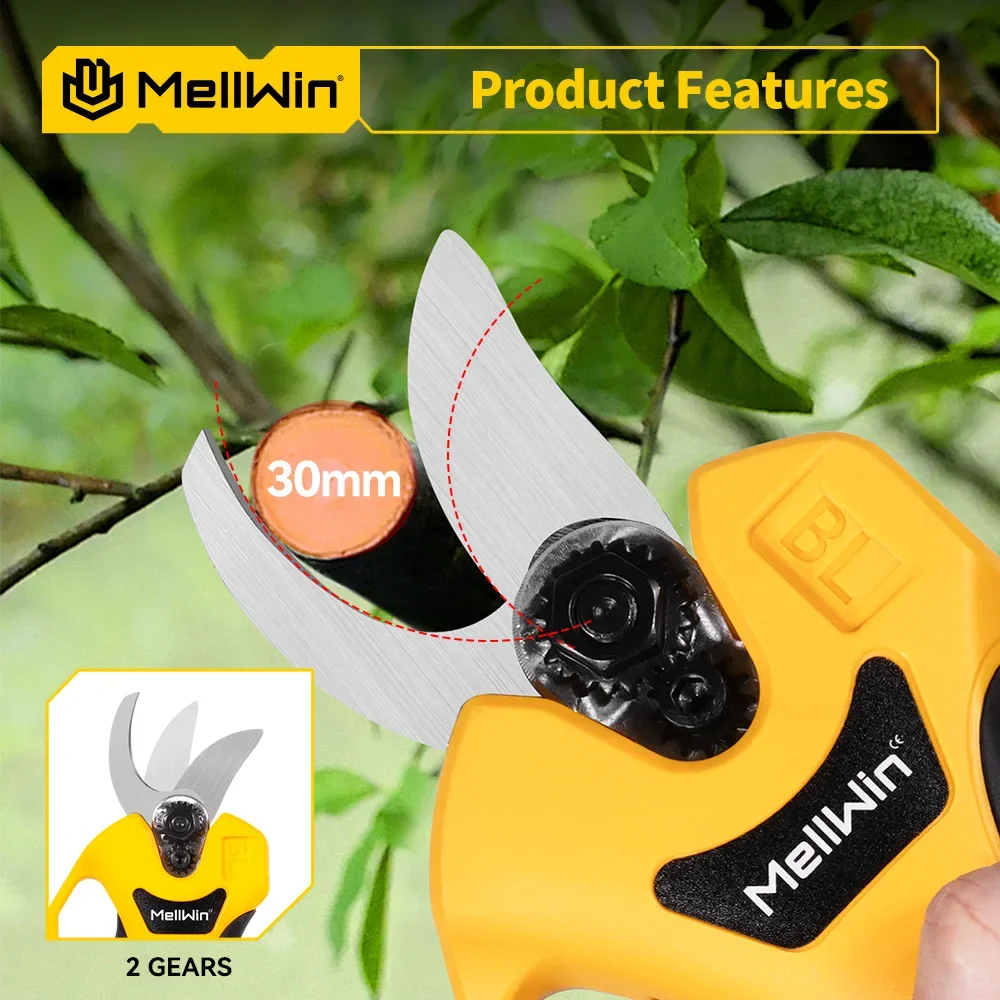 MELLWIN 30mm Brushless Electric Pruner Shear 2Gears Cordless Fruit Tree Bonsai Pruning Scissors Tools For Makita 18V Battery Pin