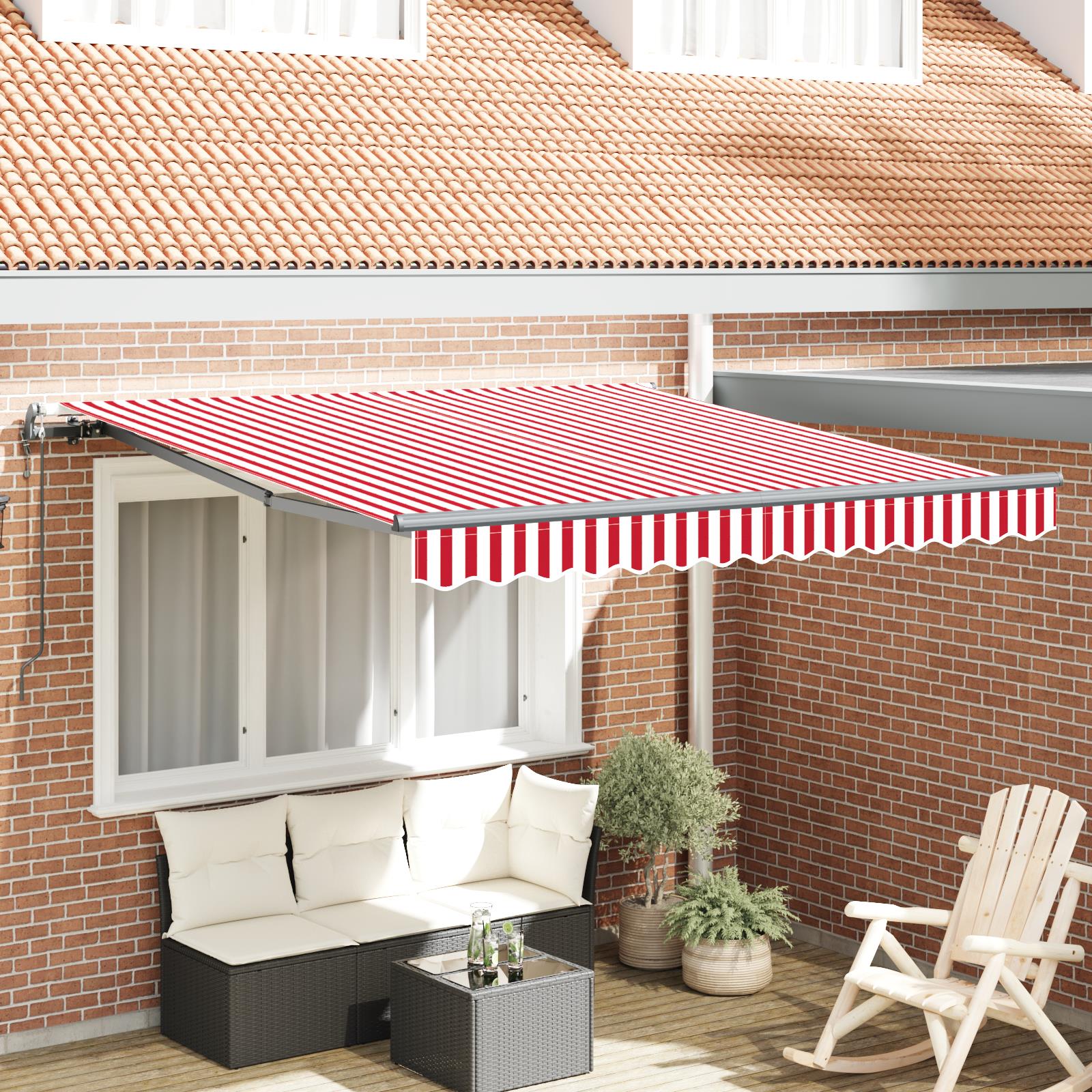 Toldo retráctil rojo y blanco, sombrilla de tela de 350x250cm para Patio exterior y jardín