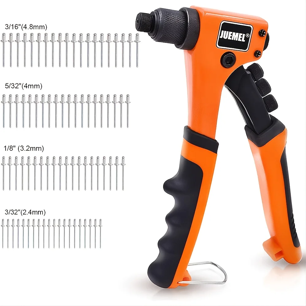Kit de pistola de rebite manual de mão única resistente com 4 cabeças de rebite mutáveis e rebites de 80 unidades