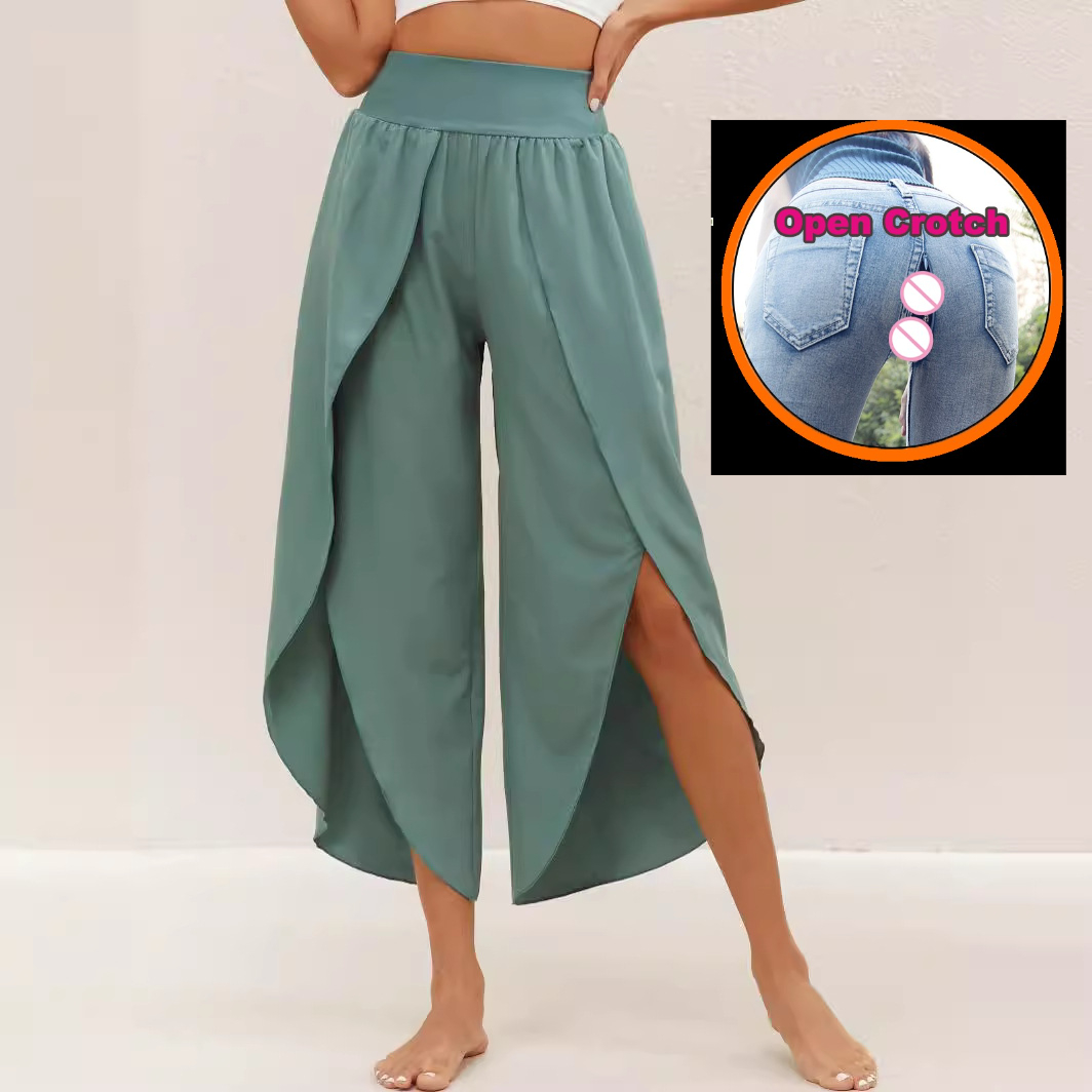 Primavera e verão nova sexy aberto croch moda fina calças com tampa cintura alta aberta garfo alto solto casual