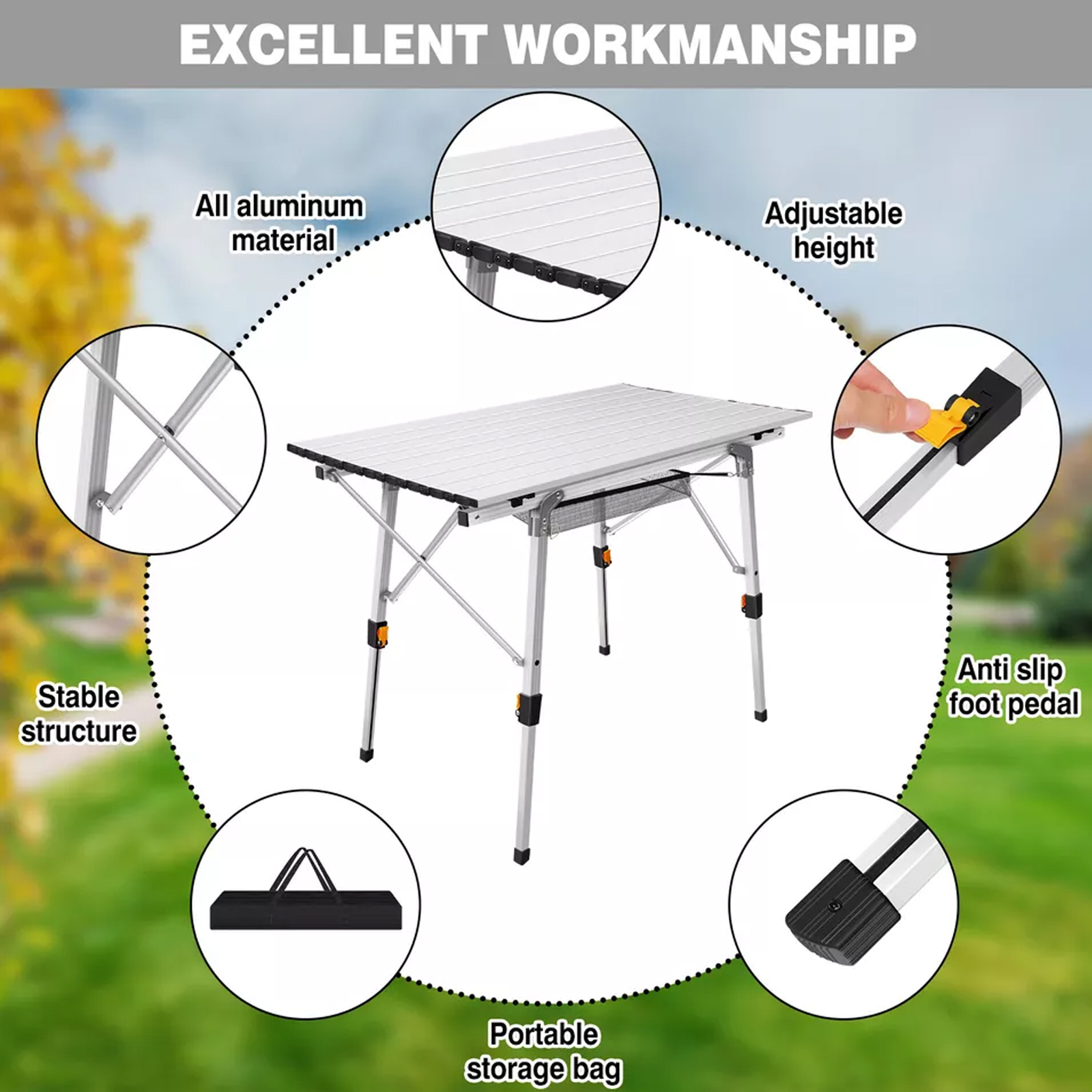 Portable Camping Tables 3FT Aluminium Fold Up Collapsible Picnic Folding Table for Outdoor Garden BBQ, Height Adjustable Leg